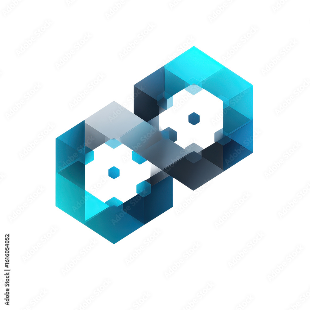 Poster abstract blue geometric pattern of interconnected cubes on transparent background