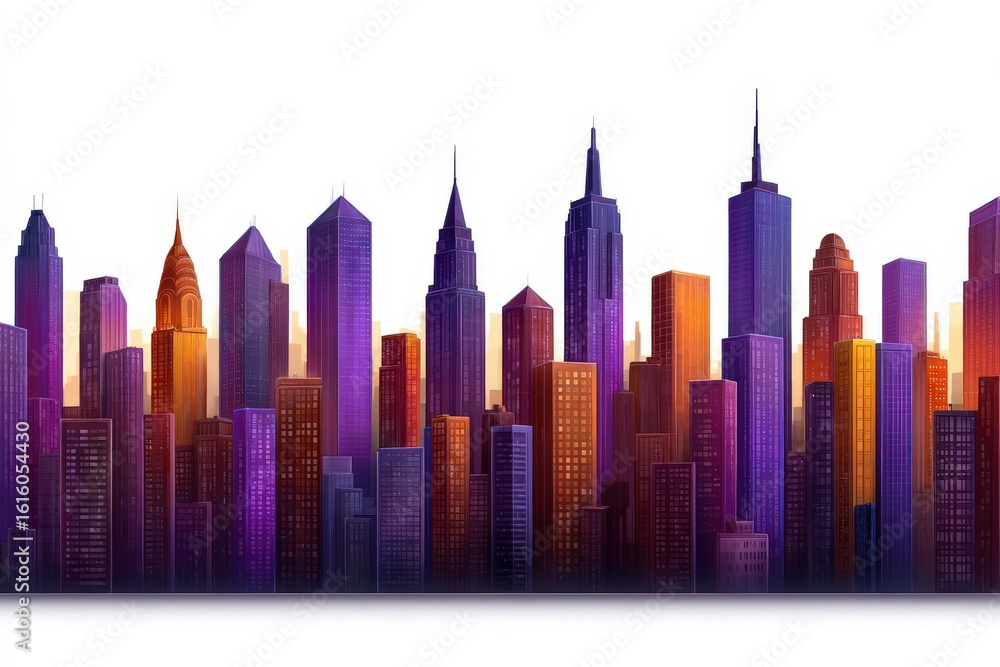 Poster urban skyline captured in colorful gradient illumination showcasing diverse architectural styles und