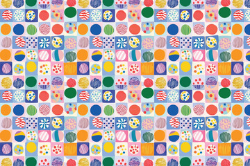Seamless colorful geometric pattern with playful circles and abstract shapes in a modern vibrant patchwork style.