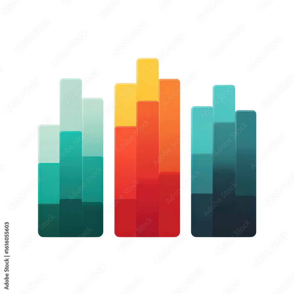 Poster colorful bar graph with gradient bars on transparent background for data visualization