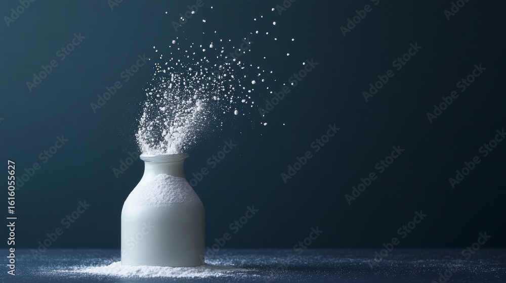 Poster white bottle exploding with powder splash on dark background for dynamic branding photography produc