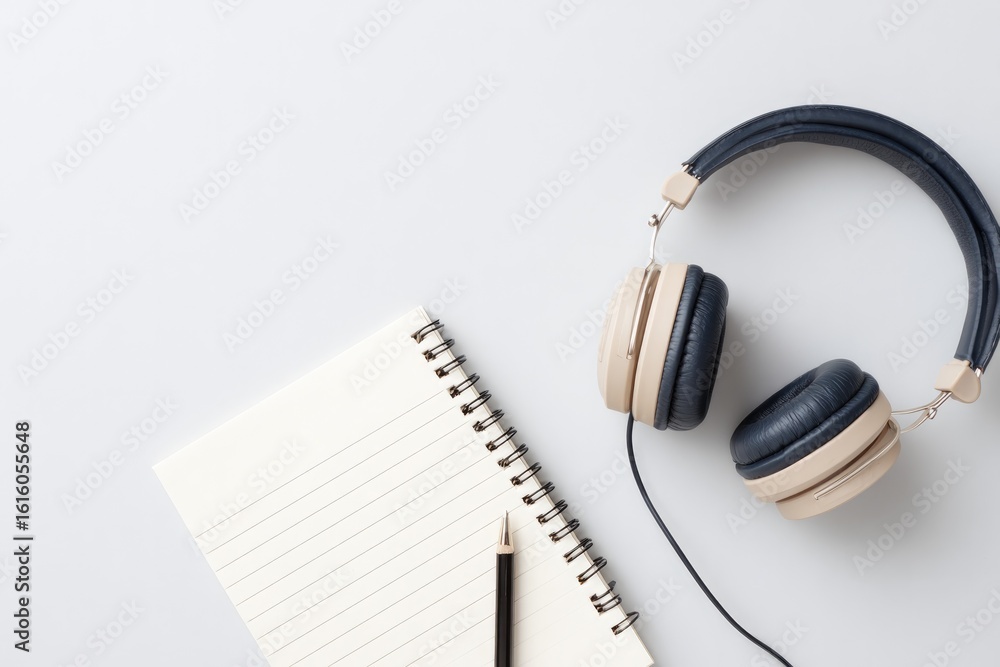 Poster minimalistic image of clean desk with microphone headphones and notepad symbolizing educational podc