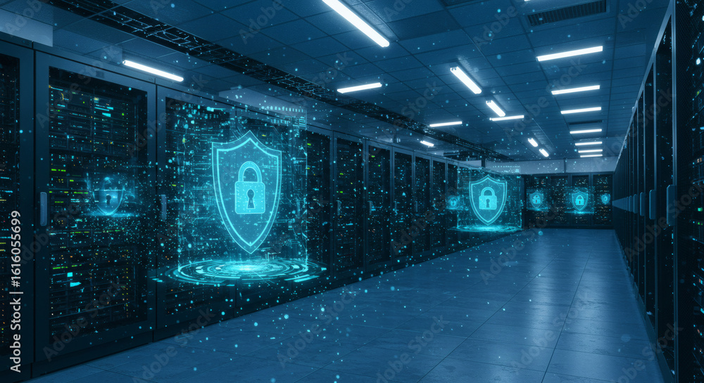 Aufkleber futuristic data center hallway with glowing blue security shield holograms symbolizing robust cybers