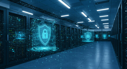 Futuristic data center hallway with glowing blue security shield holograms symbolizing robust cybersecurity and network data protection.