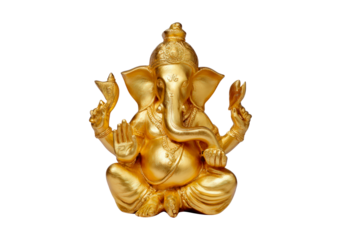 Golden lord ganesha sculpture on transparent background, PNG