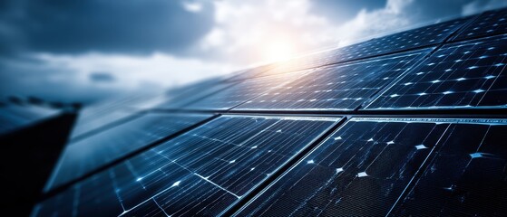 Solar panels glistening under sunlight with a dramatic cloudy sky, symbolizing clean energy and sustainable technology