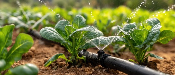 Fototapeta premium Fresh green plants being watered by a drip irrigation system in a cultivated field, promoting healthy growth and efficient agriculture
