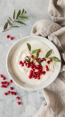 A bowl of creamy white coconut milk is beautifully adorned with bright red pomegranate seeds. Green leaves add a touch of freshness to this light and appealing dessert