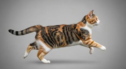 Dynamic Image of a Playful Calico Cat, Mid-Leap, Showcasing its Graceful Movement and Energetic Spirit