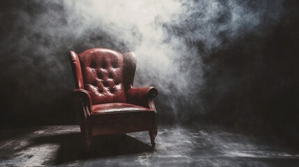 Vintage leather armchair in smoky atmosphere for moody cinematic mystery interior retro noir dramatic lonely ambiance concept