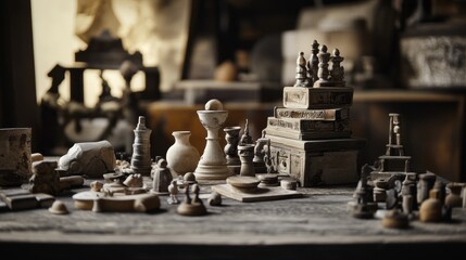 Miniature temple sculptures in moody light for history culture museum branding travel artistic ancient decor scene