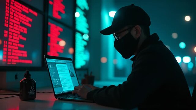 A person working on a laptop while wearing a face mask, suitable for office or remote work settings