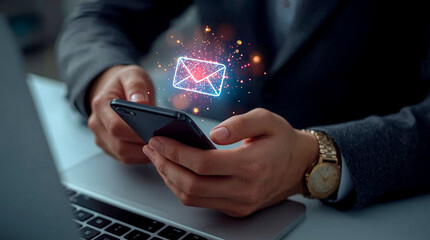 Hand of businessman using smartphone for email with notification alert, Online communication concept. shimmering, glowing holographic email icon featuring a red notification