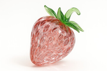 Red translucent strawberry made of shiny glass on a white background, crystal fruits