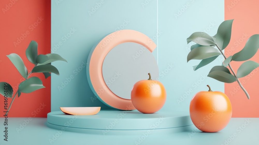 Poster modern pastel still life with vases fruits and moon arc shape for abstract minimal colorful composit
