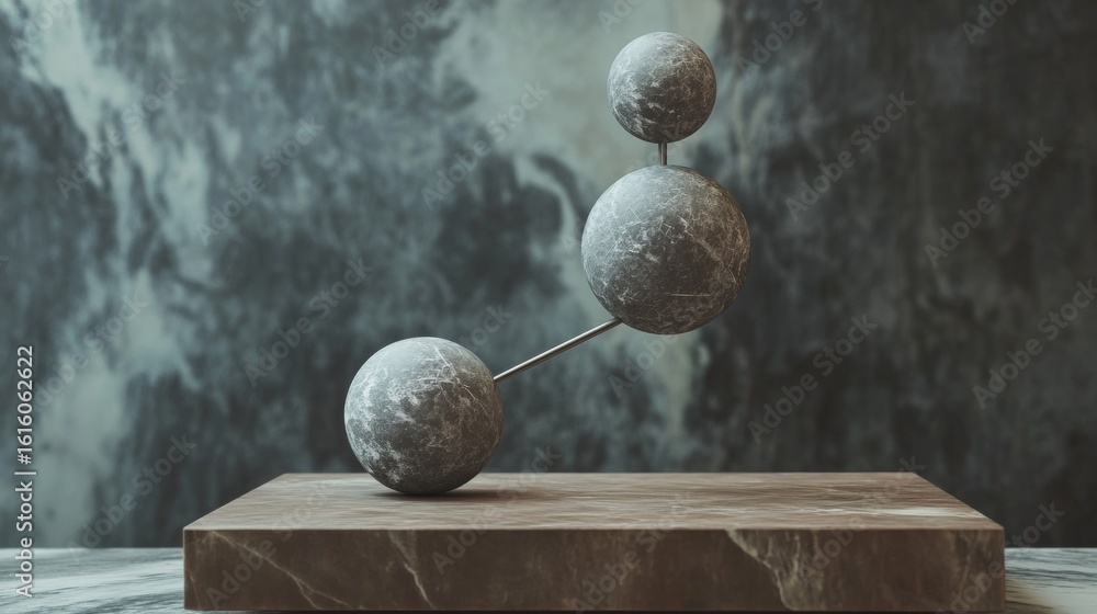 Poster floating geometric spheres above cube on dark background for abstract surreal futuristic art science