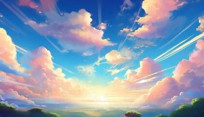 bright sky scene with sunlight and clouds in soft anime art style