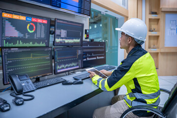 Engineer working at control room, Manager control system, Technician man monitoring program from a lot of monitor.
Specialist observes analytics dashboard,operator inspects digital interface