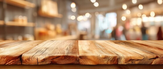 A rustic wooden tabletop with a blurred, warmly lit café or restaurant interior in the background