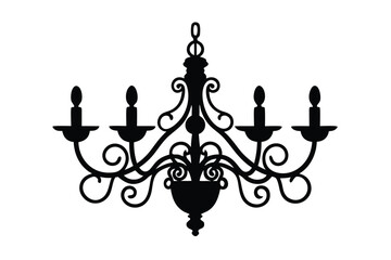 Vector art of a black silhouette of an ornate, multiarmed chandelier with candleshaped lights, isolated a illustration