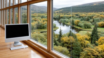Modern home office featuring an all-in-one computer with a view of a serene lake and forest landscape illuminated by natural daylight