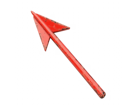 Vintage red arrow pointing upward isolated on transparent background with textured surface