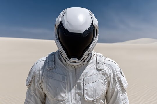 Futuristic astronaut in reflective helmet and white space suit gazing into expansive sand dunes under a clear blue sky capturing the essence of exploration and solitude in an alien landscape