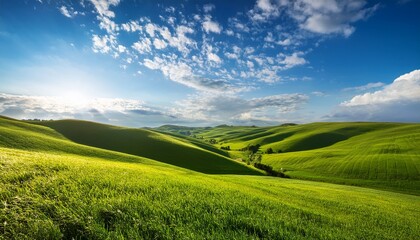 Obraz premium serene rolling green hills under a bright blue sky with fluffy white clouds