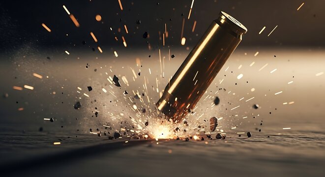 A close up of a single bullet shell casing hitting the ground during a dramatic war scene