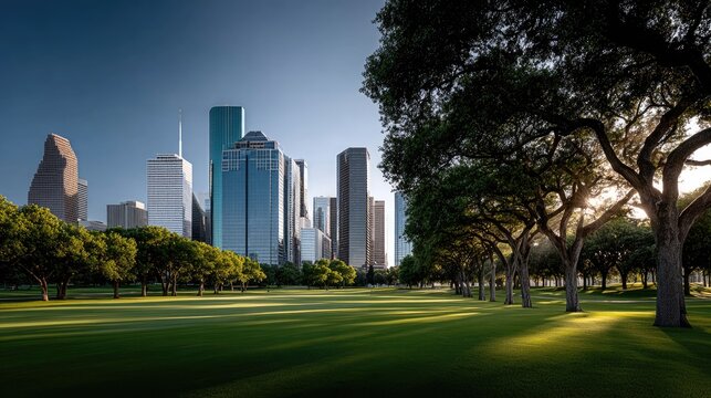 View of Houston skyline from a park showcasing vibrant fall colors and clear skies, capturing urban nature and city life in harmony