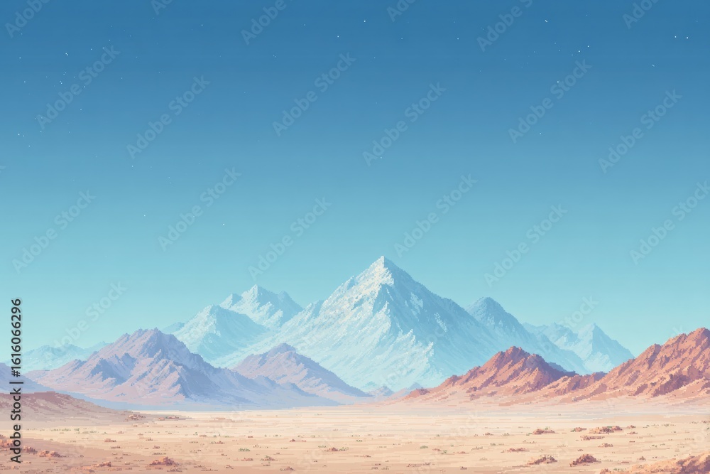 Poster isometric pixel-art desert background with subtle sand texture clear horizon line and empty space