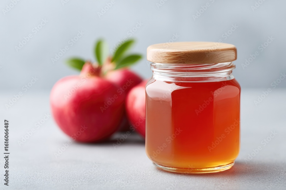 Poster minimalistic arrangement of honey jar apples and pomegranate on neutral background with ample copy s