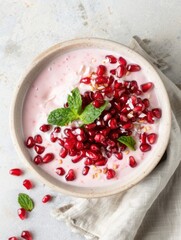A vibrant bowl contains creamy coconut milk dotted with bright red pomegranate seeds and sprigs of fresh mint. This creates a delicious and healthy treat