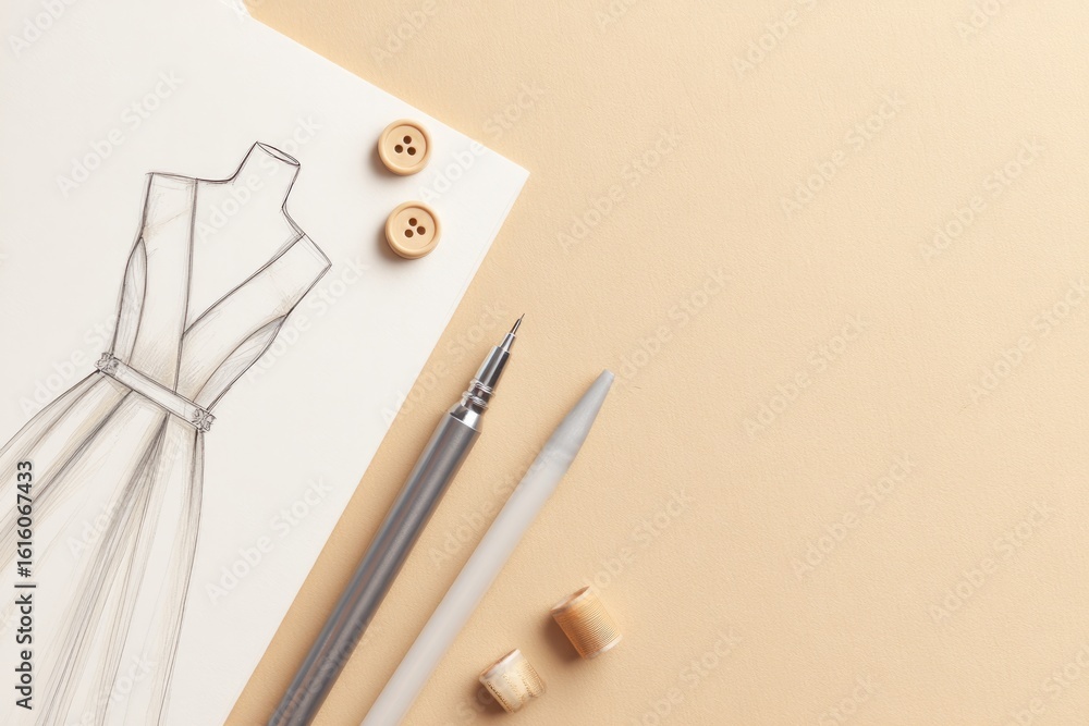 Poster top-down view of fashion sketch fabric pen and buttons on beige background clean layout with copy sp