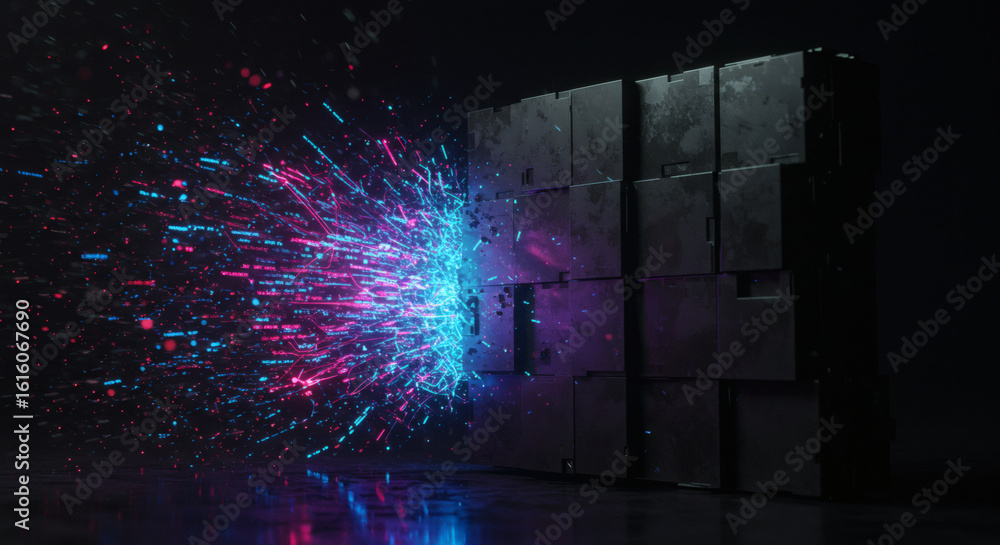 Poster abstract concept of digital disruption shown by a vibrant neon particle burst colliding with a dark 