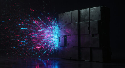 Abstract concept of digital disruption shown by a vibrant neon particle burst colliding with a dark monolithic wall.