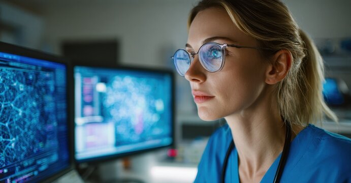close-up stock photo of female doctor reviewing digital healthcare charts on computer screen in bright clean professional background with modern soft shadows - Powered by Adobe