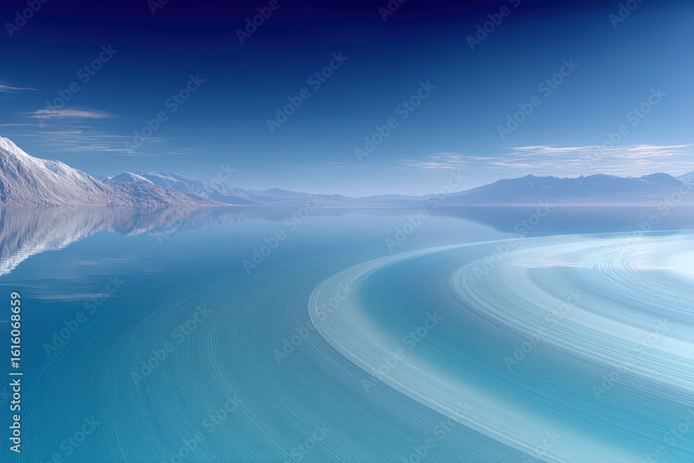 Poster ethereal landscape of serene blue water reflecting majestic mountains under endless sky with gentle 
