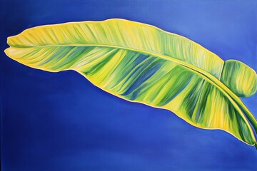 Vibrant depiction of a tropical leaf against a deep blue backdrop.