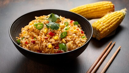 schezwan fried rice bowl a flavorful asian delight served with chopsticks and colorful corn