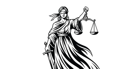 Blindfolded Lady Justice Holding Scales and Sword Vintage Style Illustration.