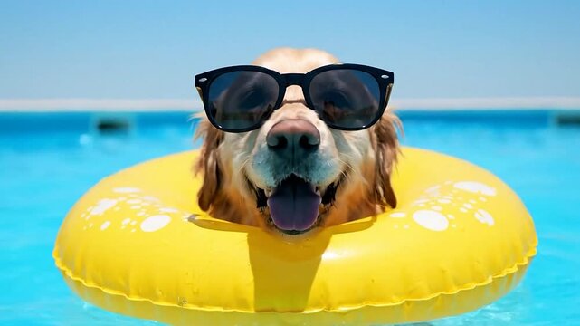 A dog with sunglasses is floating in a pool on a yellow inner tube with white spots