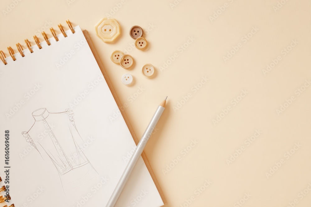 Poster top-down view of fashion sketch fabric pen and buttons on beige background clean layout with copy sp