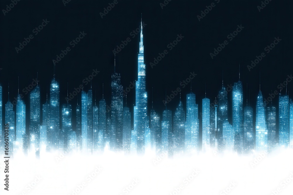 Poster futuristic urban skyline illuminated by dazzling lights displaying intricate architectural designs s