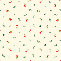 Seamless Pattern with Flower and Leaf Design on Light Yellow Background. Hand Drawn Vector Illustration. 