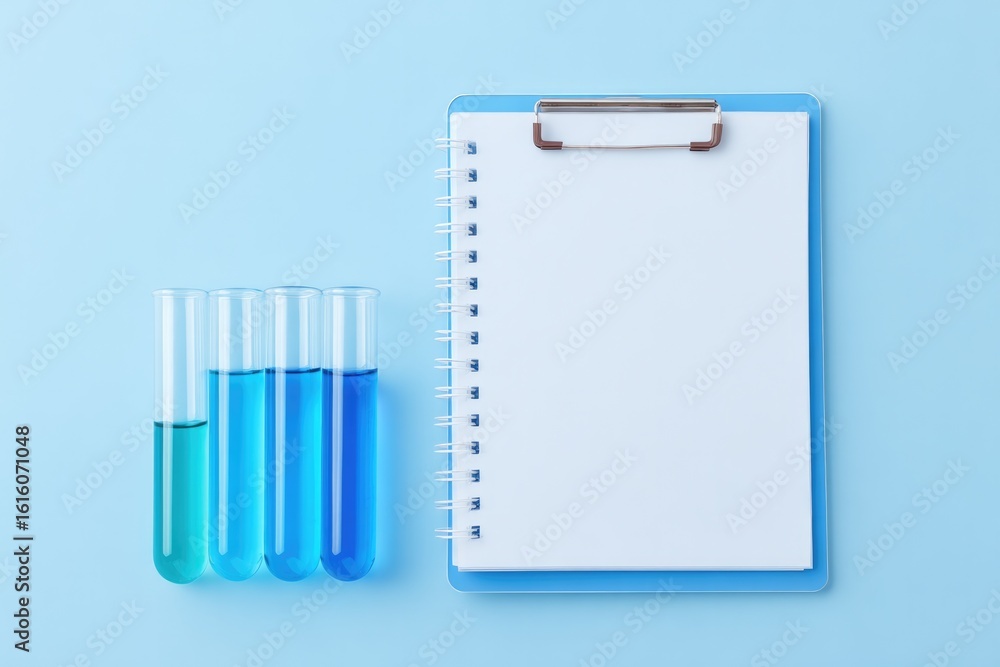 Poster flat lay of science notebook test tube set and tablet with formula diagram clean white background an