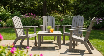 Outdoor patio seating arrangement with Adirondack chairs and table in a lush garden setting