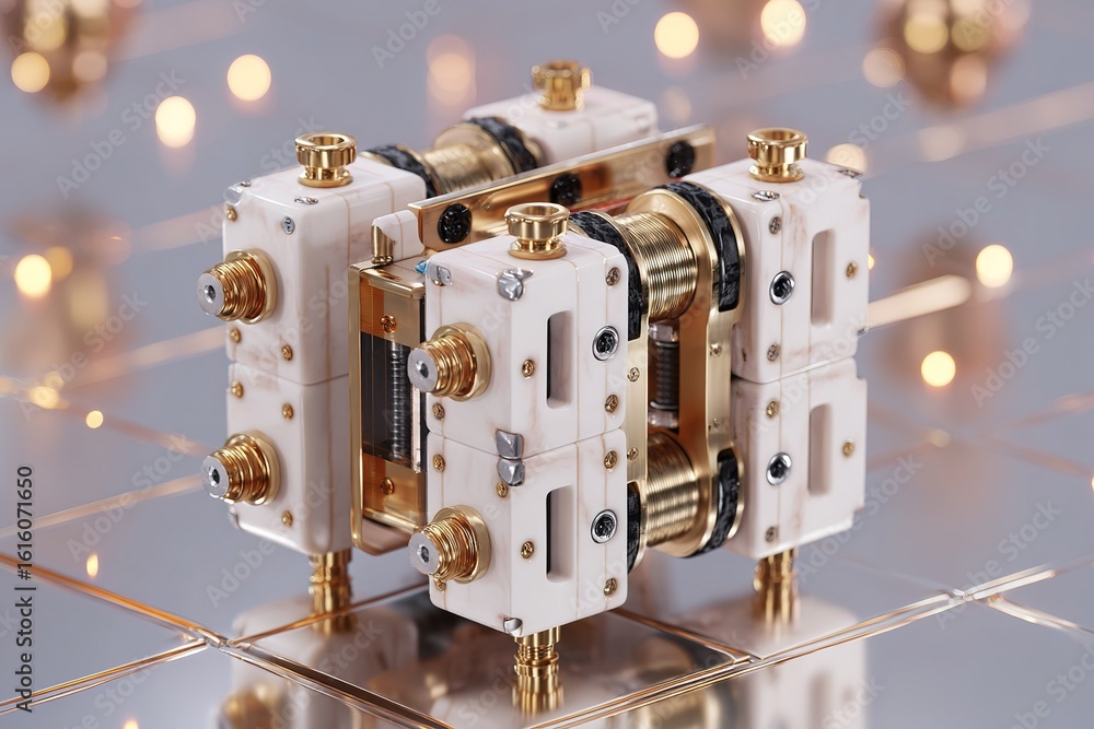 Poster intricate device featuring metallic and white components against a backdrop of soft lights