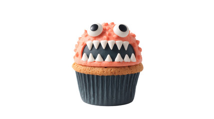 A delightful monster cupcake with orange frosting, perfect for any occasion.