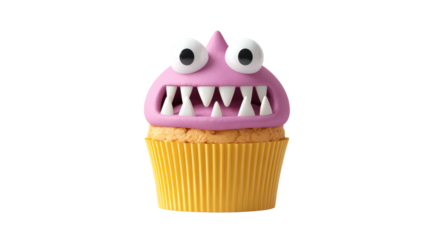 A cute monster cupcake with a pink face and big white teeth is ready to eat.